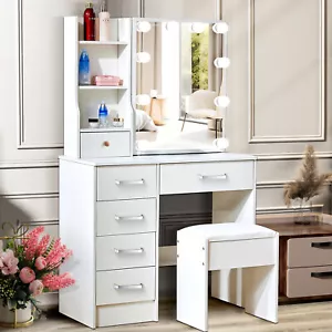New Vanity Table W/ 10 LED Lighted Sliding Mirror 6 Drawers Makeup Dressing Set - Picture 1 of 10