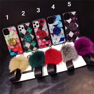 iPhone Marble Diamond Crystal Case With Pop Stand & Strap Pom Pom 12 / 11 / XR - Picture 1 of 1