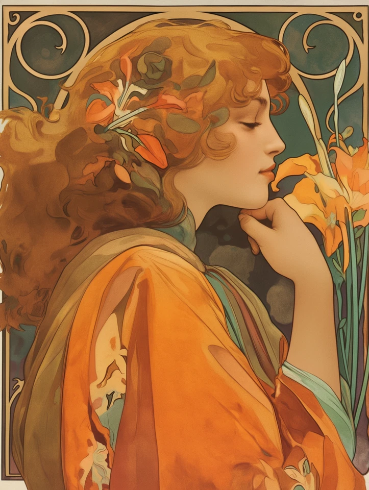 Póster Mujer pensativa con Cabello Rojo Fluido y Flores Naranja 18x24 pulgadas Foto 1 de 1