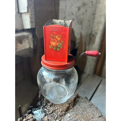 Farmhouse nut grinder jar handle red floral design kitchen nut chopper glass jar - Image 1 of 4