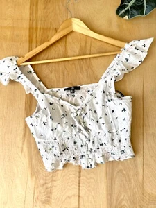 Missguided size 12 ladies Top milkmaidcore Bardot crop-top blouse beachwear BOHO - Picture 1 of 3