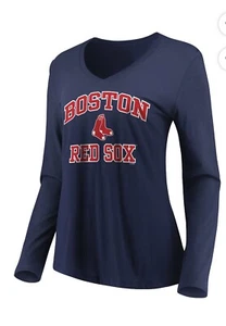 (NEW) Women's Majestic Boston Red Sox Heart & Soul Long Sleeve V-Neck T-Shirt - Picture 1 of 3