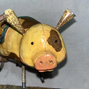 Folkart Pig Hand Made Hand Painted 12 Inches Nose to Tail Heart Accents - Picture 1 of 9