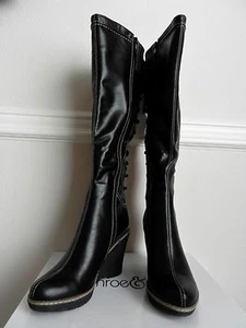 NIB Monroe & Main BLACK Knee-High Back Lace-Up Wedge Tall Boots size 6.5M - Picture 1 of 7