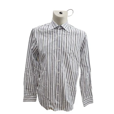 Camisa de vestir Bugatchi para hombre 17,5 36/37 blanca negra gris a rayas nueva AB Foto 1 de 4