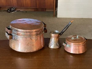 Antique Copper Pots W/lids, Primitive, 19th Century, Tinned Copper Pots (Pair) + - Picture 1 of 19