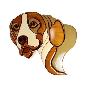 Geschnitzter Holz Intarsien Hundekopf Beagle? Gesicht Wandbehang Kunst Mosaik Puzzle Plakette - Bild 1 von 11