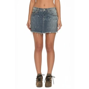 Miss Me Denim Jean Mini Skirt Womens M Blue Distressed Embroidered Raw Hem - Picture 1 of 7