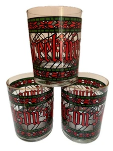3 Seasons Greetings Glasses Tumblers Cera Houze Stained Glass Christmas Holiday - Picture 1 of 4