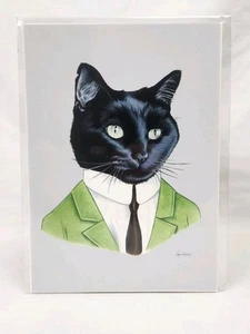 Ryan Berkley Illustration 5x7 Debonair schwarze Katze grüner Anzug Tiermotiv signiert  - Bild 1 von 2