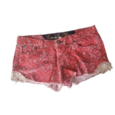 Vanilla Star Paisley Print Shorts 13 Womens/Juniors Red Mid Rise Raw Hem Bottoms - Image 1 of 4