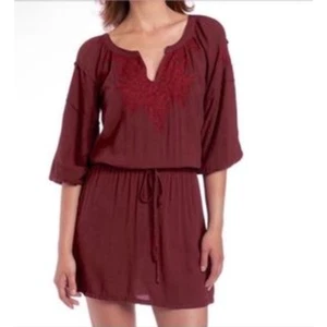 Lucky Brand Laszlo Red Tunic Midi Dress Embroidered Boho Peasant Sz Large Rayon - Picture 1 of 8