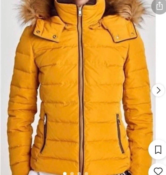 Zara Down Filled Puffer Winter Jacket Mustard Removable Hood Size M Faux Fur - Image 1 of 4
