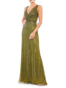Mac Duggal 5219 Women's V-Neck Beaded Gown Evening Maxi Dress in Olive Size 14 - Picture 1 of 3