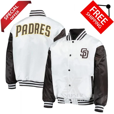 MLB San Diego Padres Full-Snap Brown/White Satin Letterman Bomber Varsity Jacket Cover