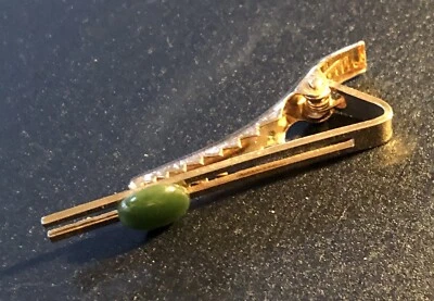 Vintage Gold Tone Tie Bar Clip With Green Jade Like Oval - Image 1 of 2