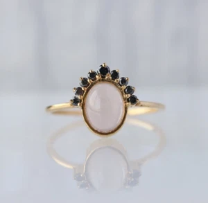 Natural Rose Quartz Black Onyx Gemstone Ring 10k Solid Gold Ring Size Available - Picture 1 of 6