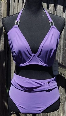 Будуар пляж тропический фиолетовый проводной с бретелью через шею бикини и подпоясанный бриф средний - Изображение 1 из 4