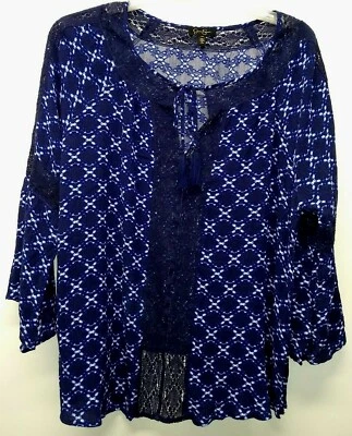Túnica Jessica Simpson cuello en V borla encaje ribete talla grande 1X manga campana azul Foto 1 de 4