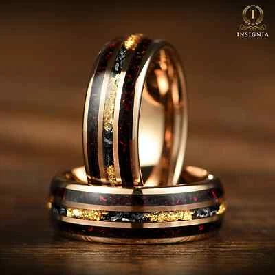 Мужское обручальное кольцо с настоящим метеоритом и черным огненным опалом — кольцо галактики из розового золота - Изображение 1 из 4