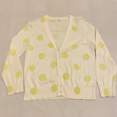 J Crew White/Yellow Button Up V-Neck Big Polkadots Cardigan Sweater Size L - Image 1 of 4