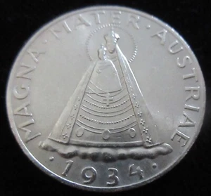 MDS AUSTRIA AUSTRIA CINCO 5 CHELINES 1934 "VIRGEN DE MARIAZELL", PLATA #PS - Imagen 1 de 2