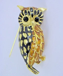 Owl Brooch Pin Enamel and gold tone metal Owl Pin, gold and black 2 1/2" tall - Picture 1 of 6