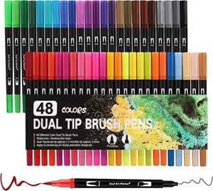 48 Colours Dual Tip Marker Pens Set Water Based Fine Liner Brush for Kids Adult - Picture 1 of 5