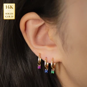 Pendientes de aro de piedra de color circonita cúbica de oro macizo 14K REAL lóbulo de cartílago - Imagen 1 de 8