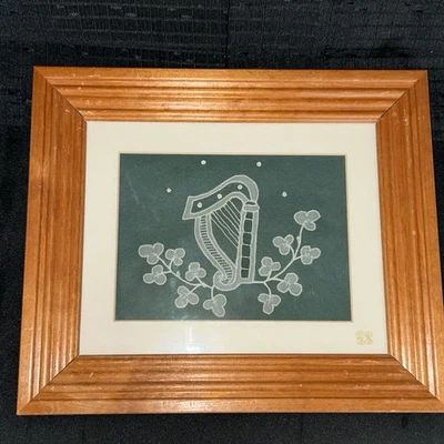 Vintage Framed & Matted Irish Carrickmacross Lace Panel  Harp & Shamrock - Image 1 of 4