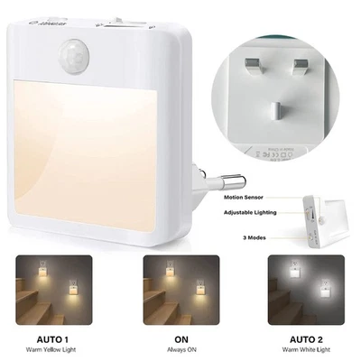Plug In PIR Motion Sensor Hallway Socket Home White/Yellow LED Night Light Safe