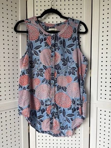 Cynthia Rowley 100% Linen Sleeveless Blouse Tank Top Blue Floral Women's Lg - Imagen 1 de 5