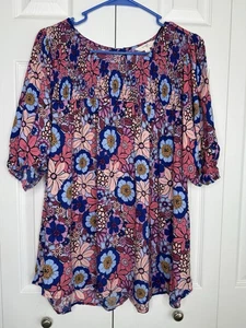 Terra & Sky Top Floral Peasant Psychedelic Gathered Neckline Sleeves Women's 1X - Picture 1 of 7
