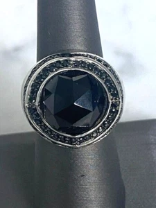 925 STERLING SILVER FANCY CUT BLACK JADEITE AND CZ RING SIZE 6.5 - Picture 1 of 7