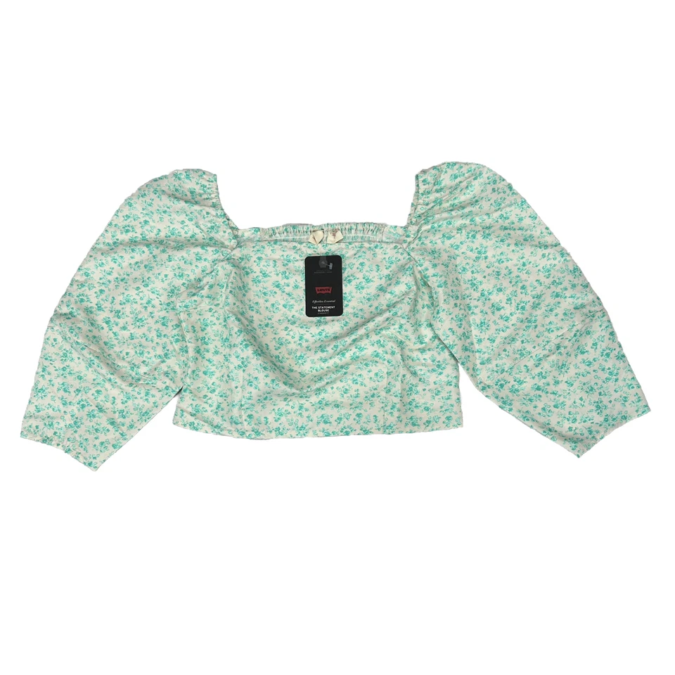 Levi's Statement Blouse Medium Cropped Smocked-Back Puff 3/4 Sleeve Green Floral