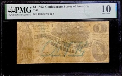 Billete T-45 $1 1862 Estados Confederados Guerra Civil Confederación Dinero PMG, ESCASO Foto 1 de 3
