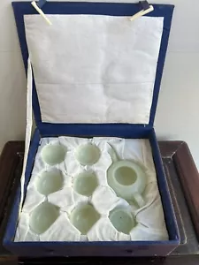 Vintage Chinesische Jade Natur Handgeschnitzt Teekanne Set 6 Tassen Untertasse Tablett - Bild 1 von 23