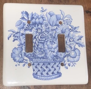 VTG Blue White French County Flower Basket Double Light Switch Cover Plate 4.75” - Picture 1 of 8