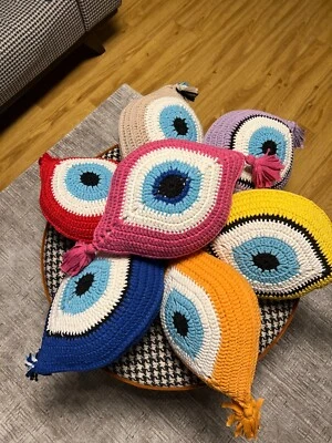Luxury Chunky Knitted Macrame Handmade Evil Eye Shaped Pillow With Tassles - Image 1 of 4