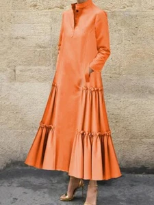 Freeacy 2024 Autumn Women's Long Sleeve Dress Solid Color Stand Collar Pleated L - Picture 1 of 28
