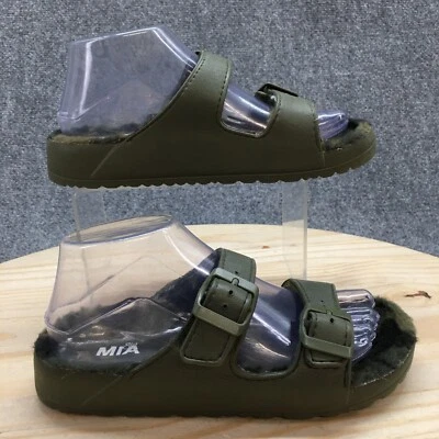 Mia Sandals Womens 7 Slip On Slides Olive Casual Open Toe Buckle Strap Faux Fur - Image 1 of 4