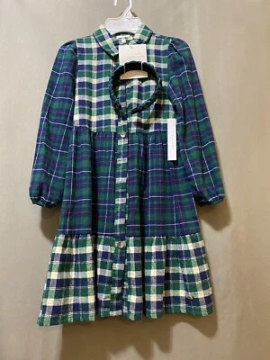 NWT TAHARI Girls Long Sleeve Flannel Dress Matching Headband Size 7 Green Plaid - Image 1 of 4