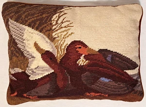 VTG Needlepoint Pillow Two Ducks Wool Handmade with Feather Filler  - 12 x 20 - Picture 1 of 5