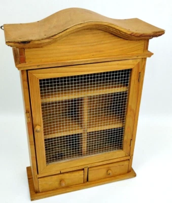 Primitive Handmade Shelf 15" Wall Hanging Cabinet Cupboard Chicken Wire Door  - Image 1 of 4