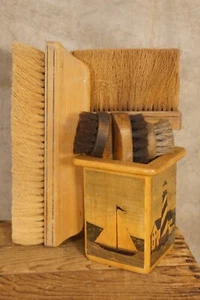 Vintage Folk Art Wooden Holder Boats Lighthouse + Brushes Tools - Picture 1 of 10