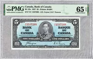 1937 Canada $5 Banknote, PMG UNC 65 EPQ - Picture 1 of 2