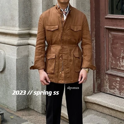 Men 100% Linen Safari Jacket Multi-pockets Slim Fit Hunting Coat Casual Thin Top - Image 1 of 4