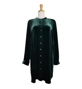 Eileen Fisher Green Velvet Button Down Tunic Top Women's L Lagenlook - Picture 1 of 8