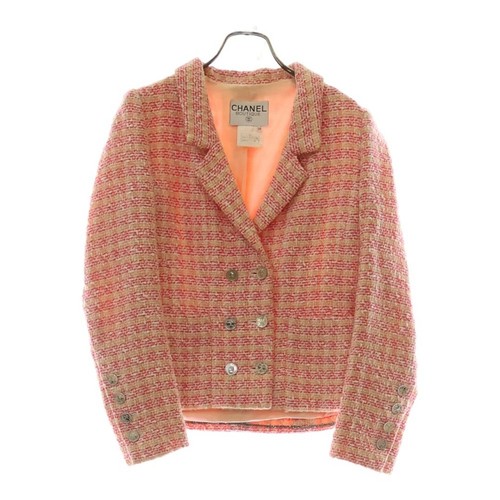 Giacca sartoriale Chanel 96P con bottoni a moneta in lana tweed da donna rosa