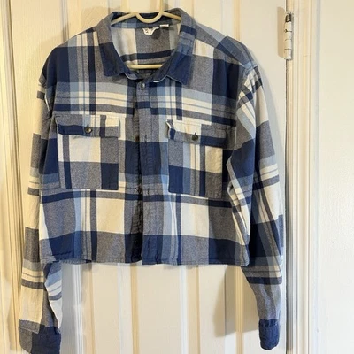 Camisa recortada Roxy para mujer XL azul franela a cuadros bolsillos en ambos sentidos Foto 1 de 4